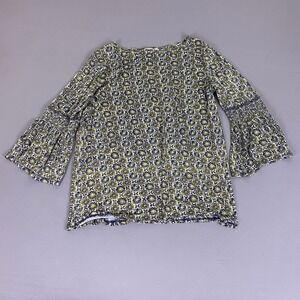 Harlow & Rose Blouse Top Women's Size XL Boho Medallion Bell Sleeve Navy Yellow